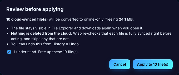 Wisp confirmation dialog before freeing space